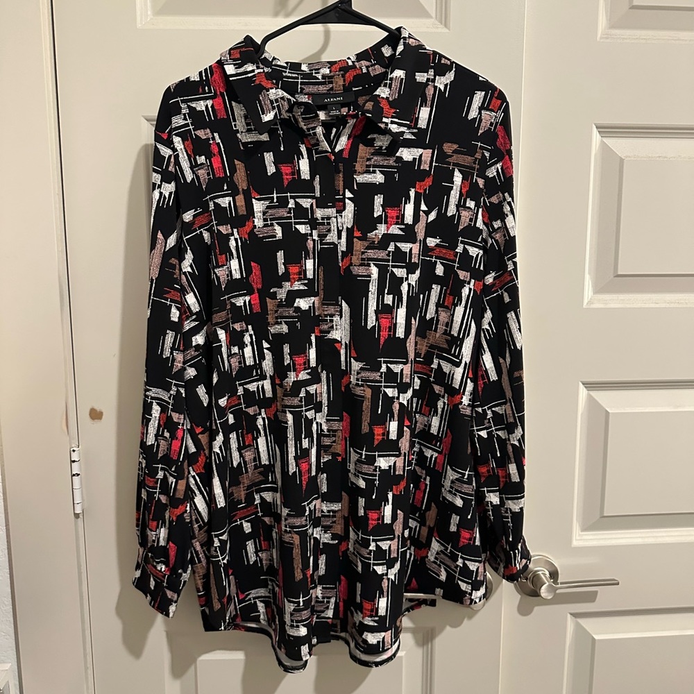 Black, white, red, and pink patterned button up shirt, great condition